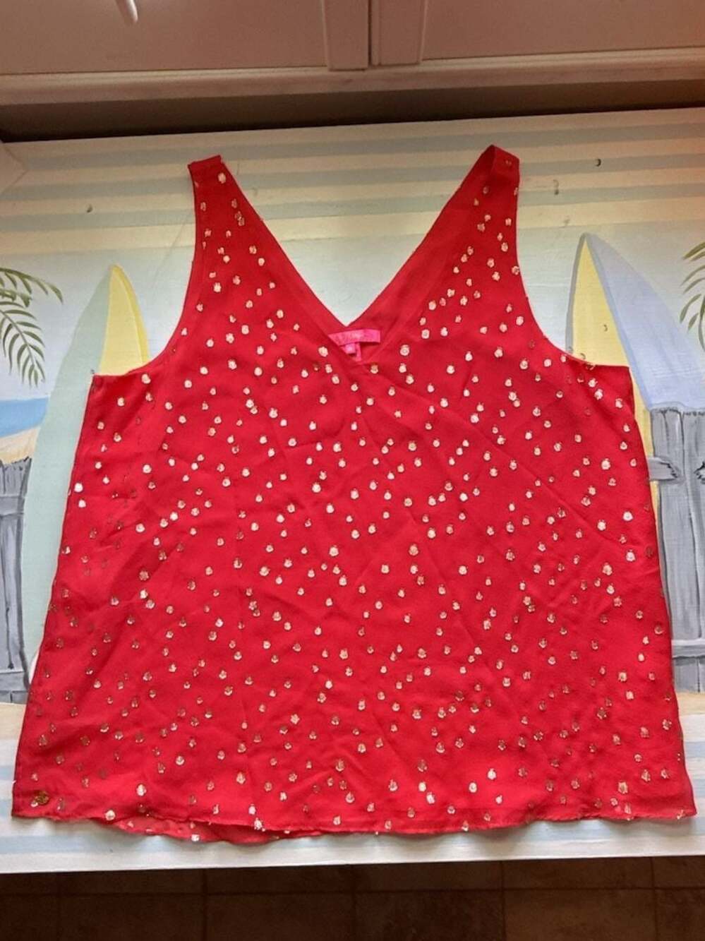 Lilly Pulitzer Florin Red Silk Metallic Dot Sleeveless V-Neck Top